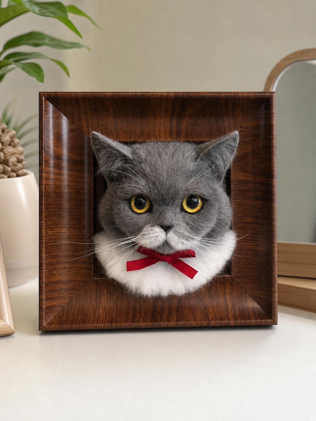 British Shorthair custom needle-felted pet portrait in a 30 x 30 cm walnut frame