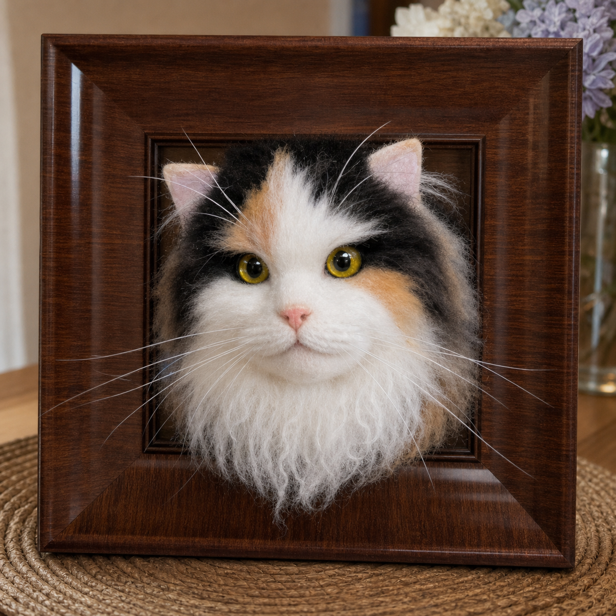 Calico custom needle-felted pet portrait in a 30 x 30 cm walnut frame