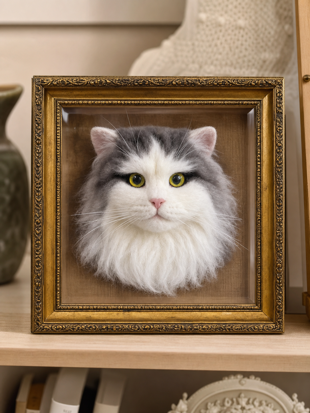 Long-haired bicolor custom needle-felted pet portrait in a 30 x 30 cm antique-gold frame