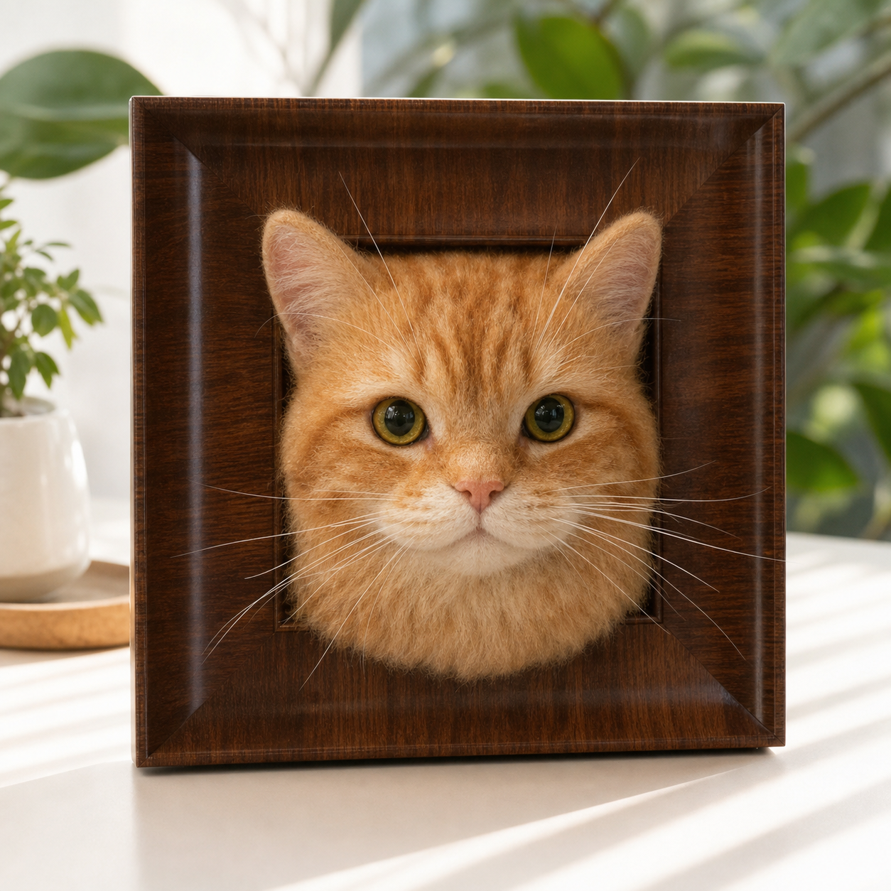 Orange tabby custom needle-felted pet portrait in a 30 x 30 cm walnut frame