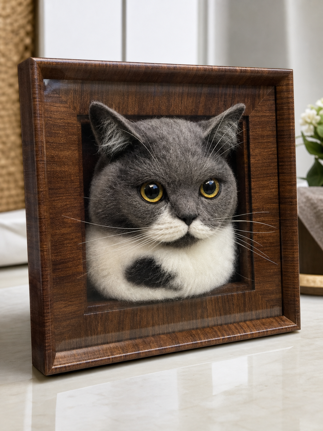 Tuxedo cat custom needle-felted pet portrait in a 30 x 30 cm walnut frame