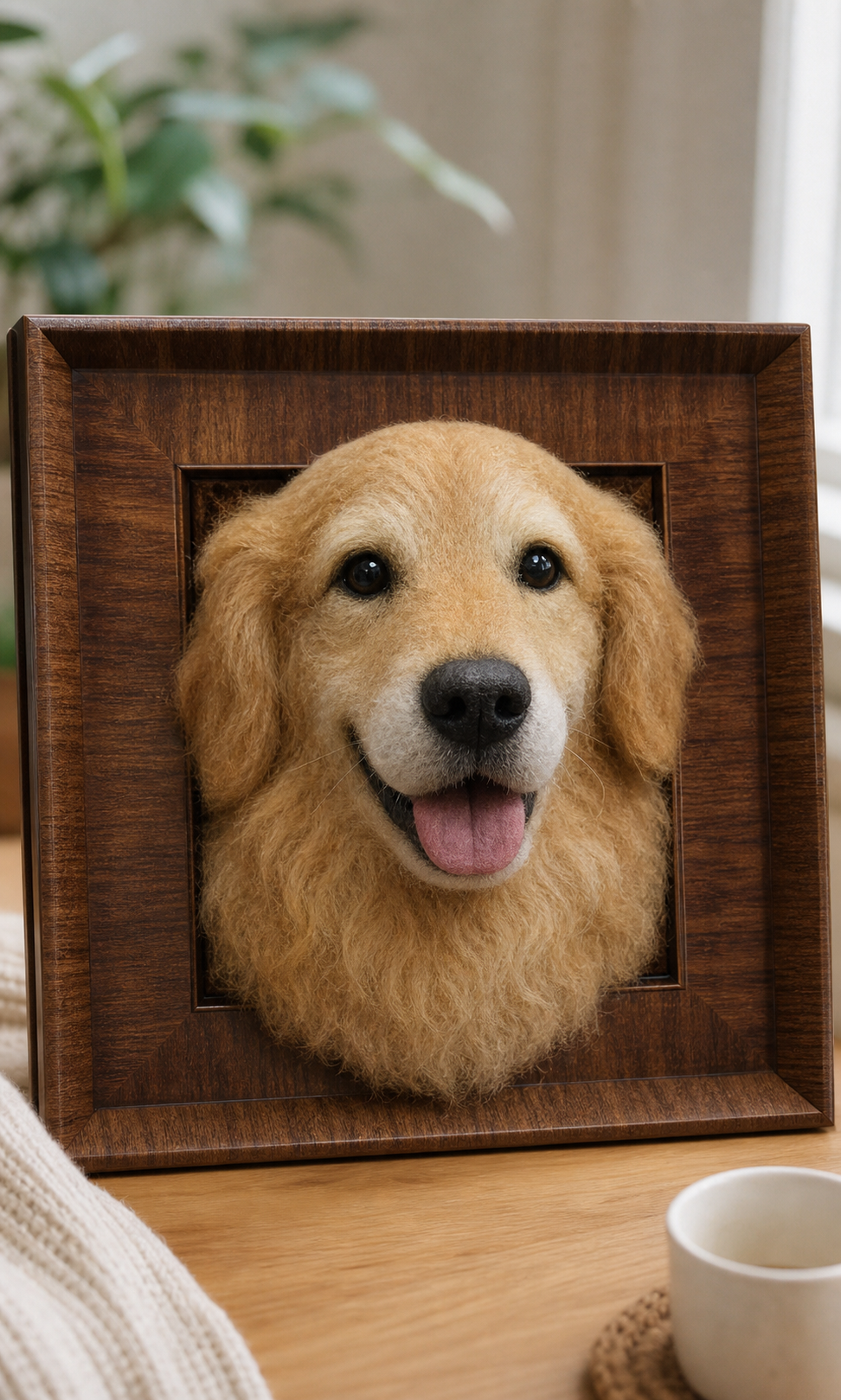 Golden Retriever custom needle-felted pet portrait in a 30 x 30 cm walnut frame