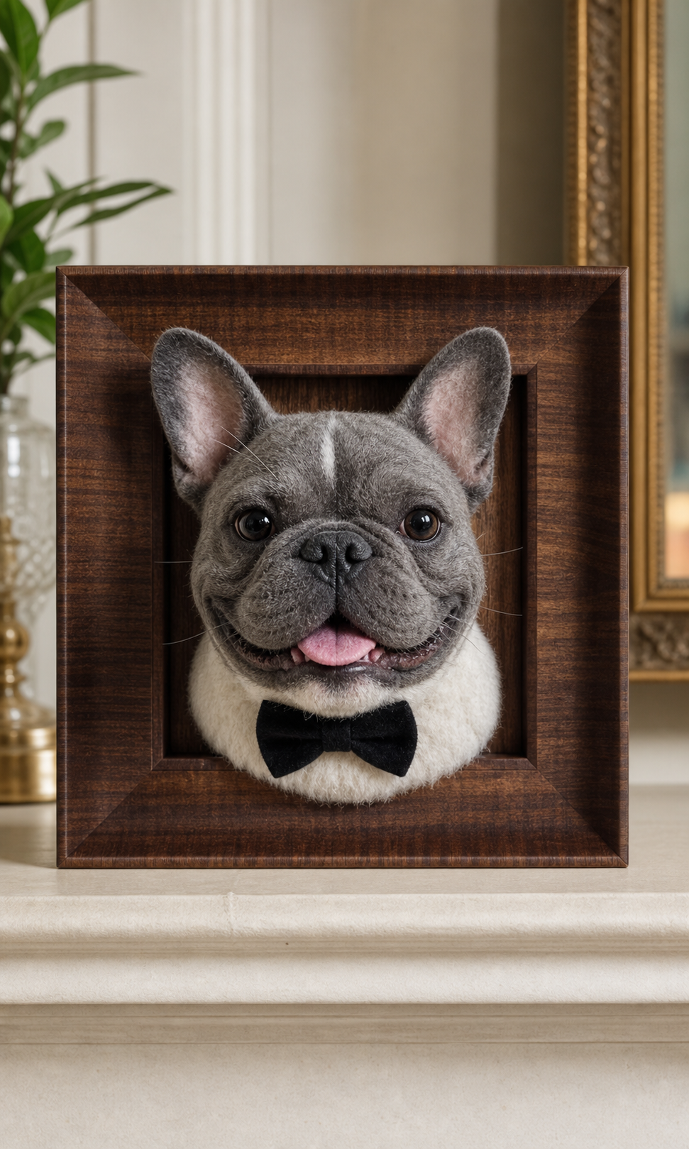 French Bulldog custom needle-felted pet portrait in a 30 x 30 cm walnut frame