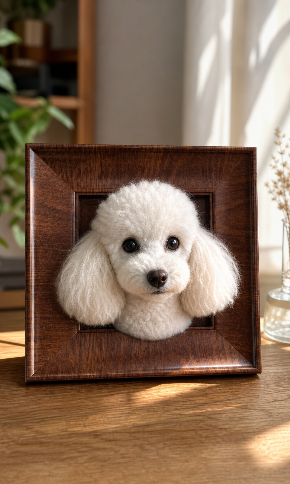 White Poodle custom needle-felted pet portrait in a 30 x 30 cm walnut frame