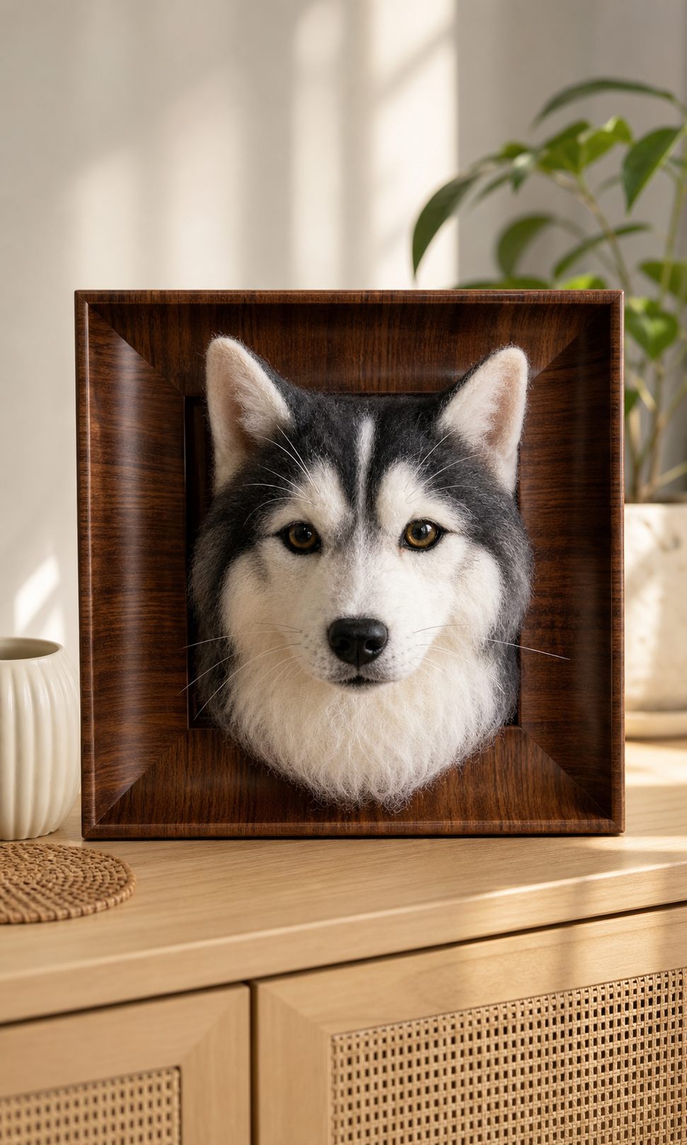 Husky custom needle-felted pet portrait in a 30 x 30 cm walnut frame