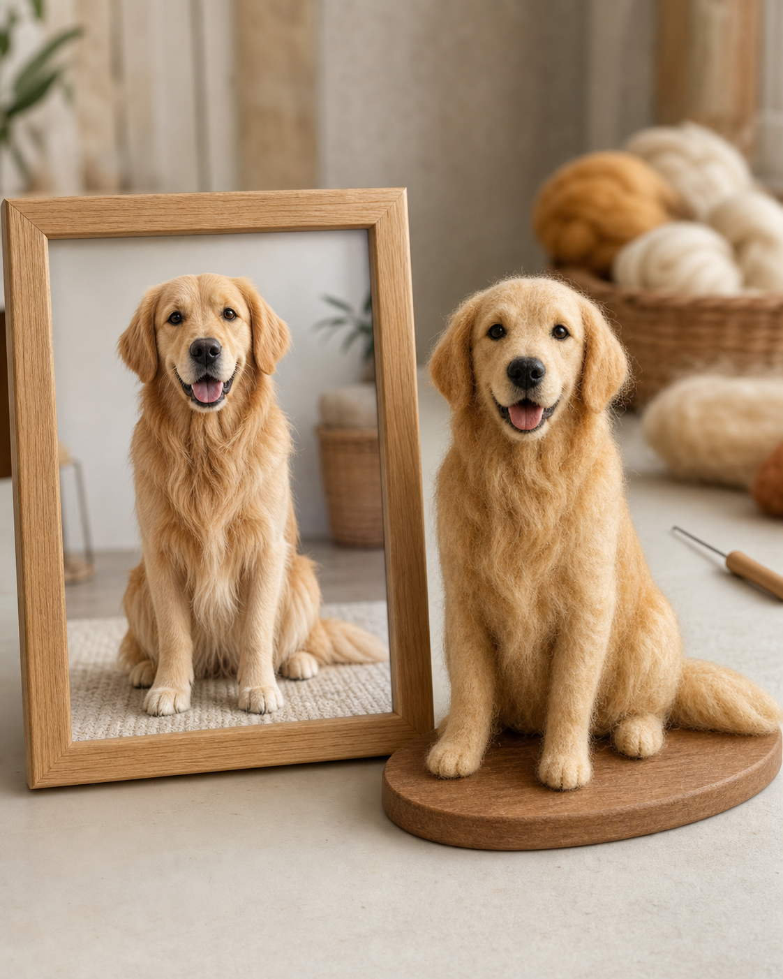 Golden Retriever reference photo and matching full-body felted pet sculpture in a home studio