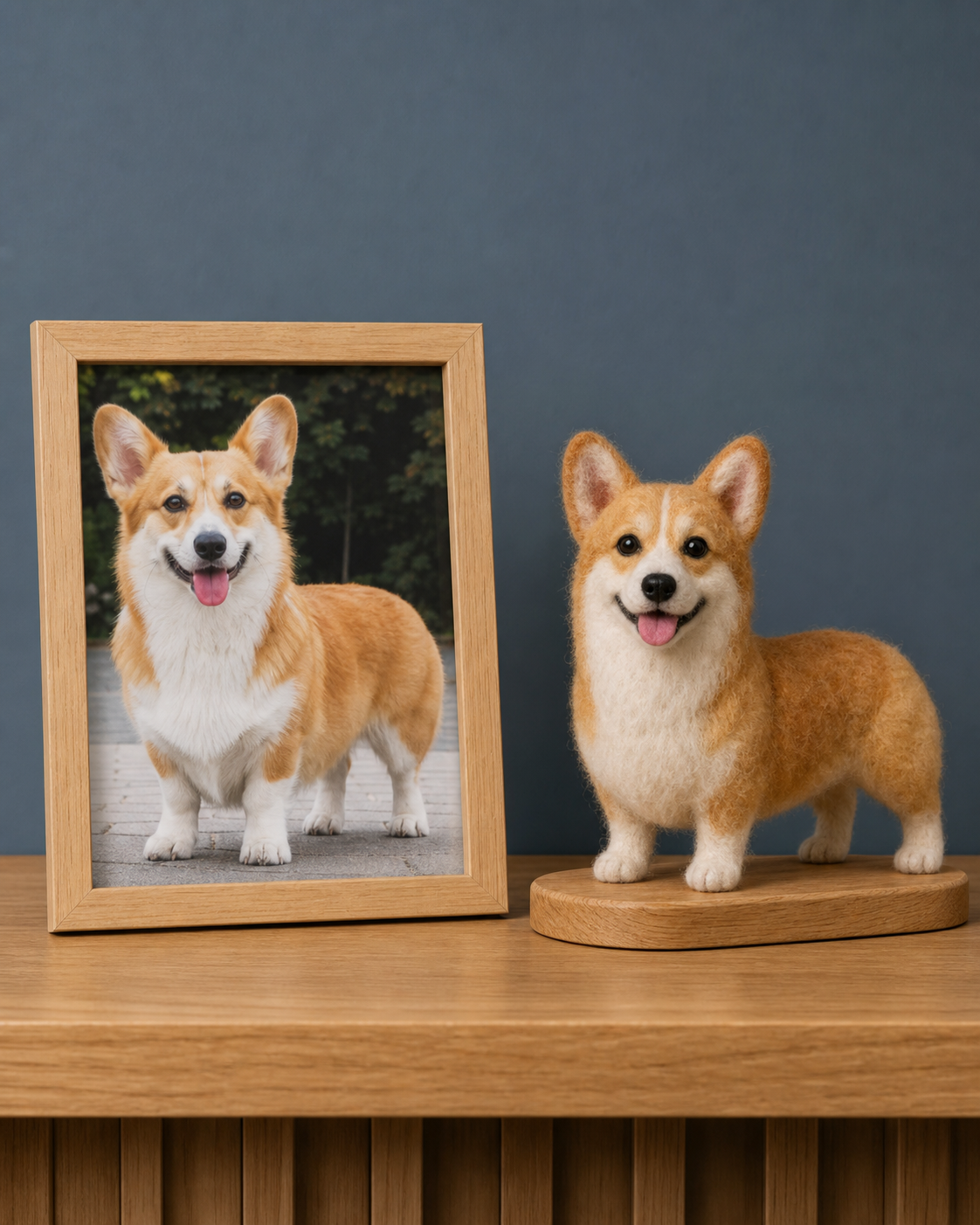 Corgi reference photo and matching full-body felted pet sculpture in a home studio