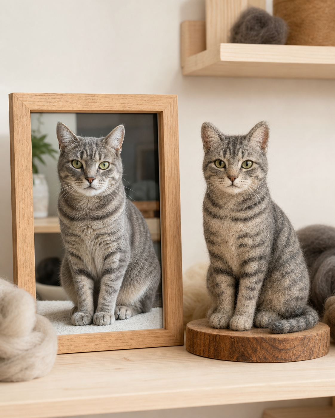 Tabby cat reference photo and matching full-body felted pet sculpture in a home studio