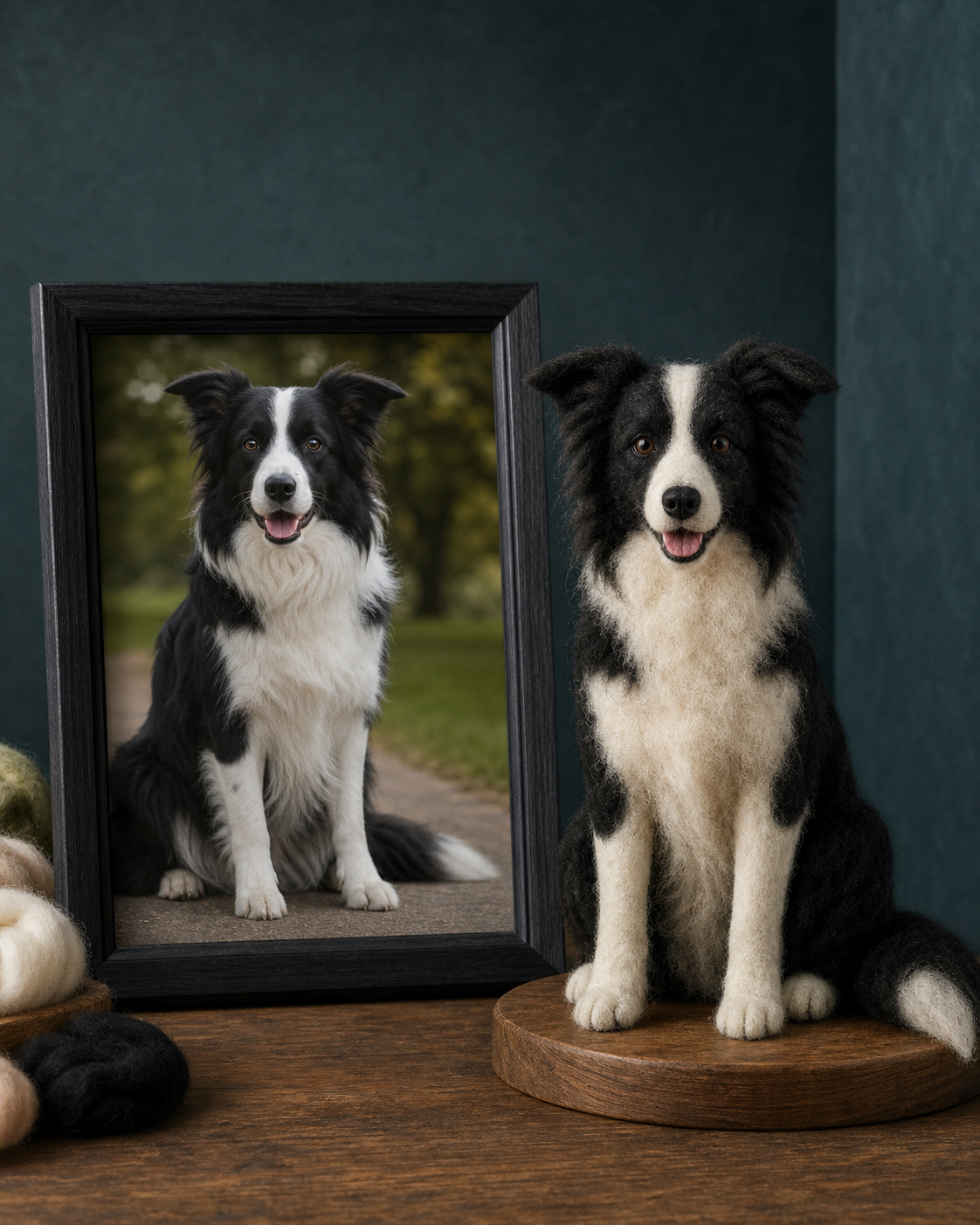 Border Collie reference photo and matching full-body felted pet sculpture in a home studio