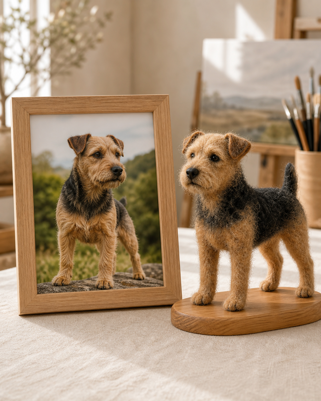 Terrier reference photo and matching full-body felted pet sculpture in a home studio