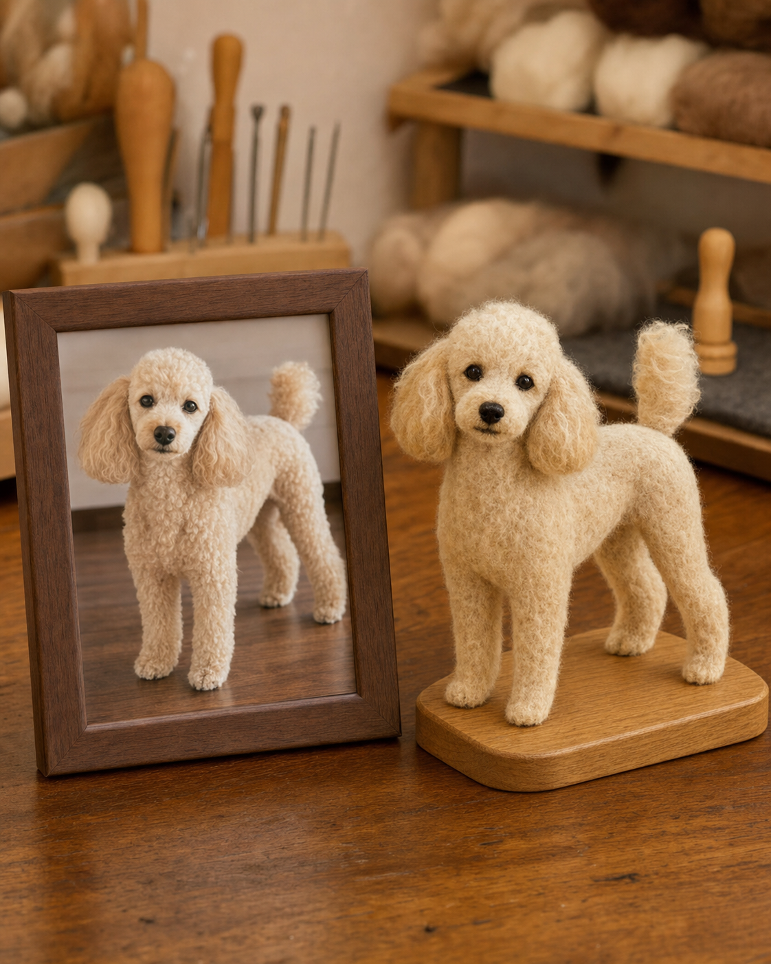 Poodle reference photo and matching full-body felted pet sculpture in a home studio