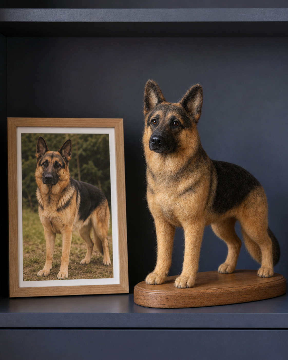 German Shepherd reference photo and matching full-body felted pet sculpture in a home studio