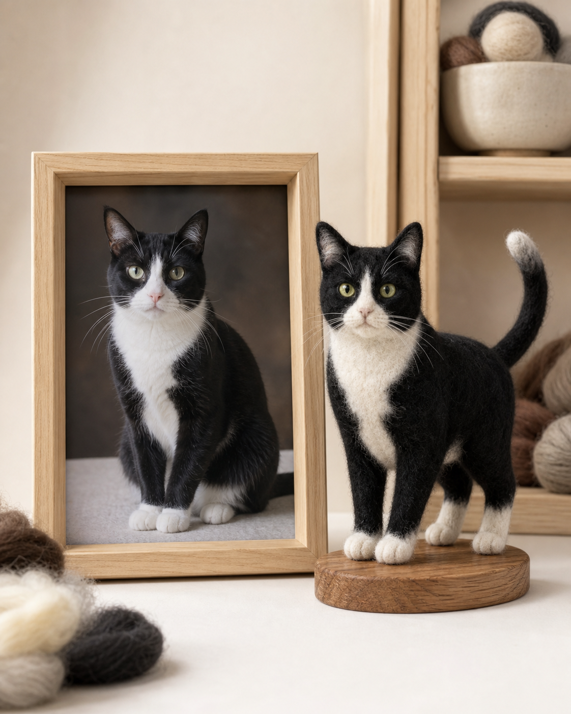 Tuxedo cat reference photo and matching full-body felted pet sculpture in a home studio