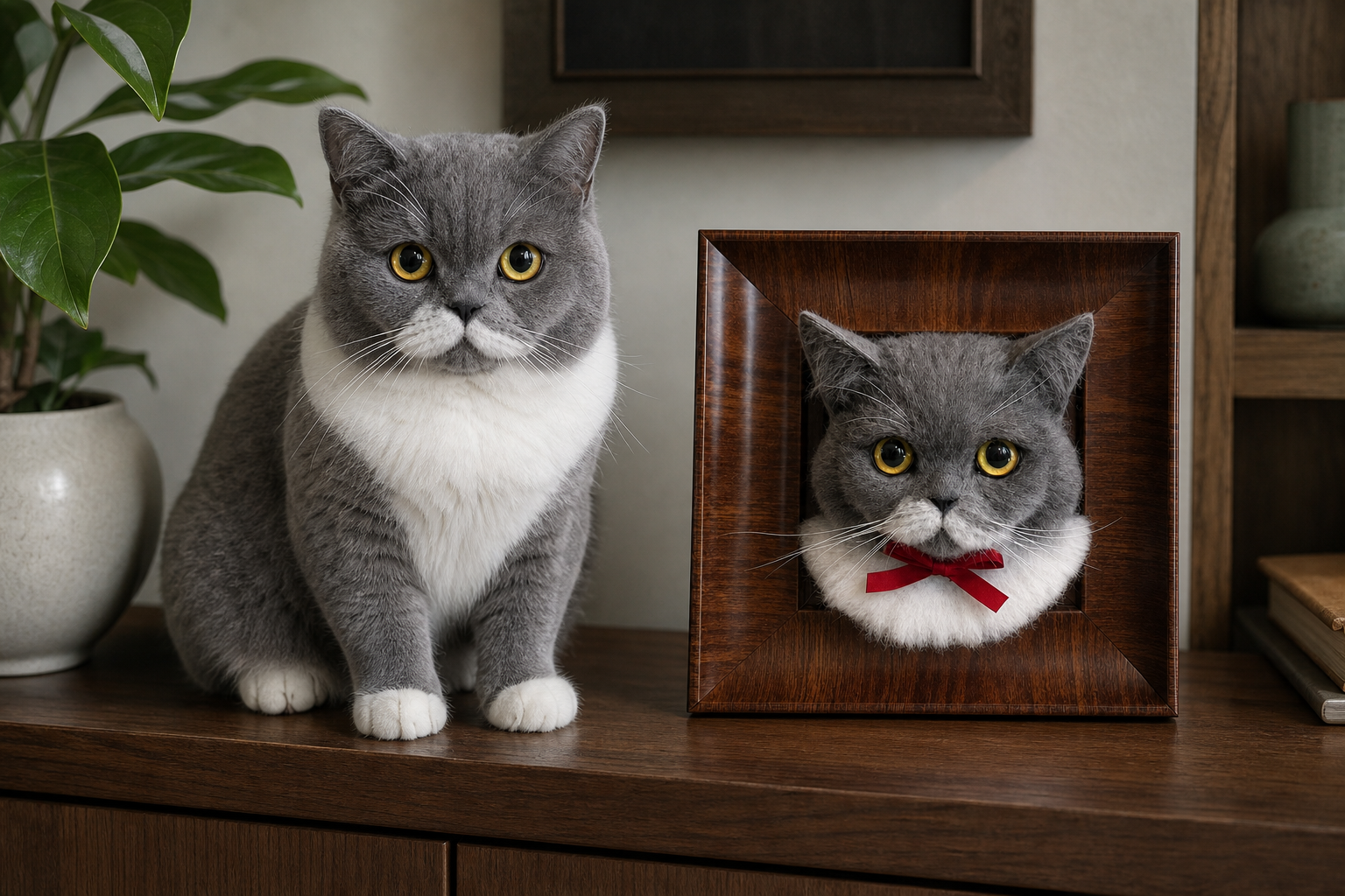 Real cat beside a matching dimensional needle-felted portrait frame