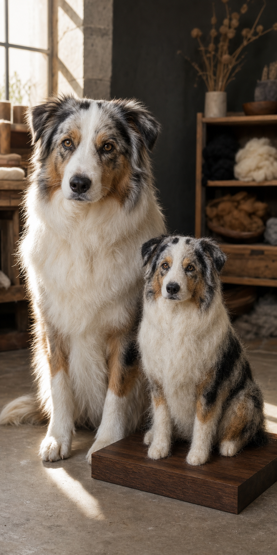 Real dog beside a matching full-body needle-felted sculpture